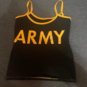 croped black tanktop says army across front. black and yellow made of cotton